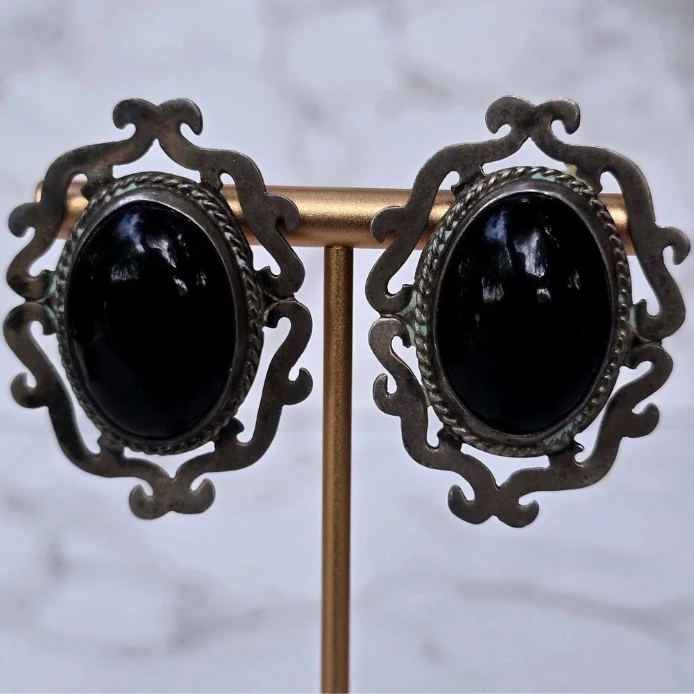 Vintage Taxco Mexico 925 Sterling Silver Black Onyx Post Earrings 23.8g TB-157